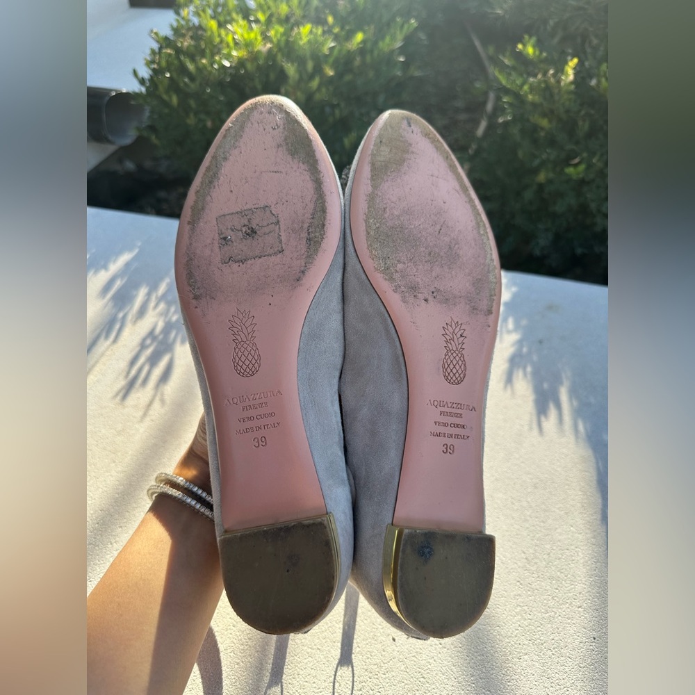 Aquazzura Gray Suede Sunshine Pom Pom Tie Up Summer Resort Wear Flats (Size 9) - Picture 9 of 9